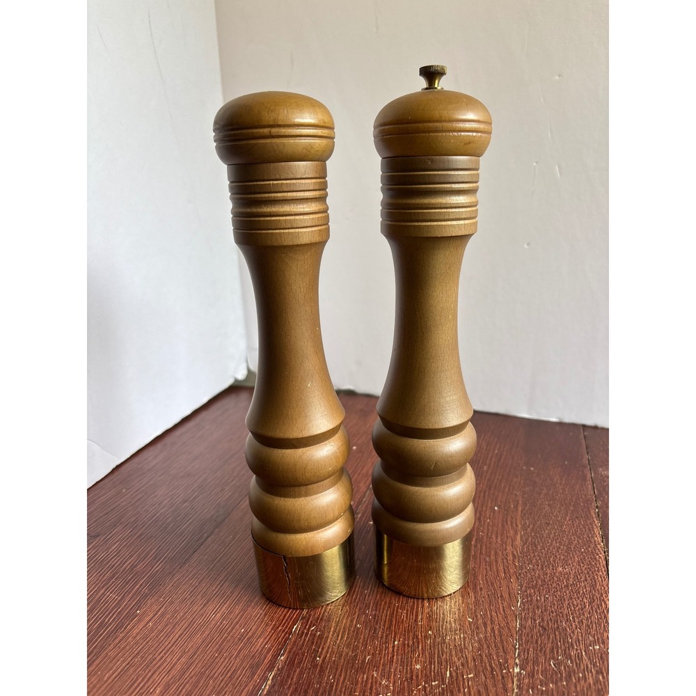 Vintage Nasco Wood Salt Shaker and Pepper Mill Set MCM Japan Brass Trim 10 Inch